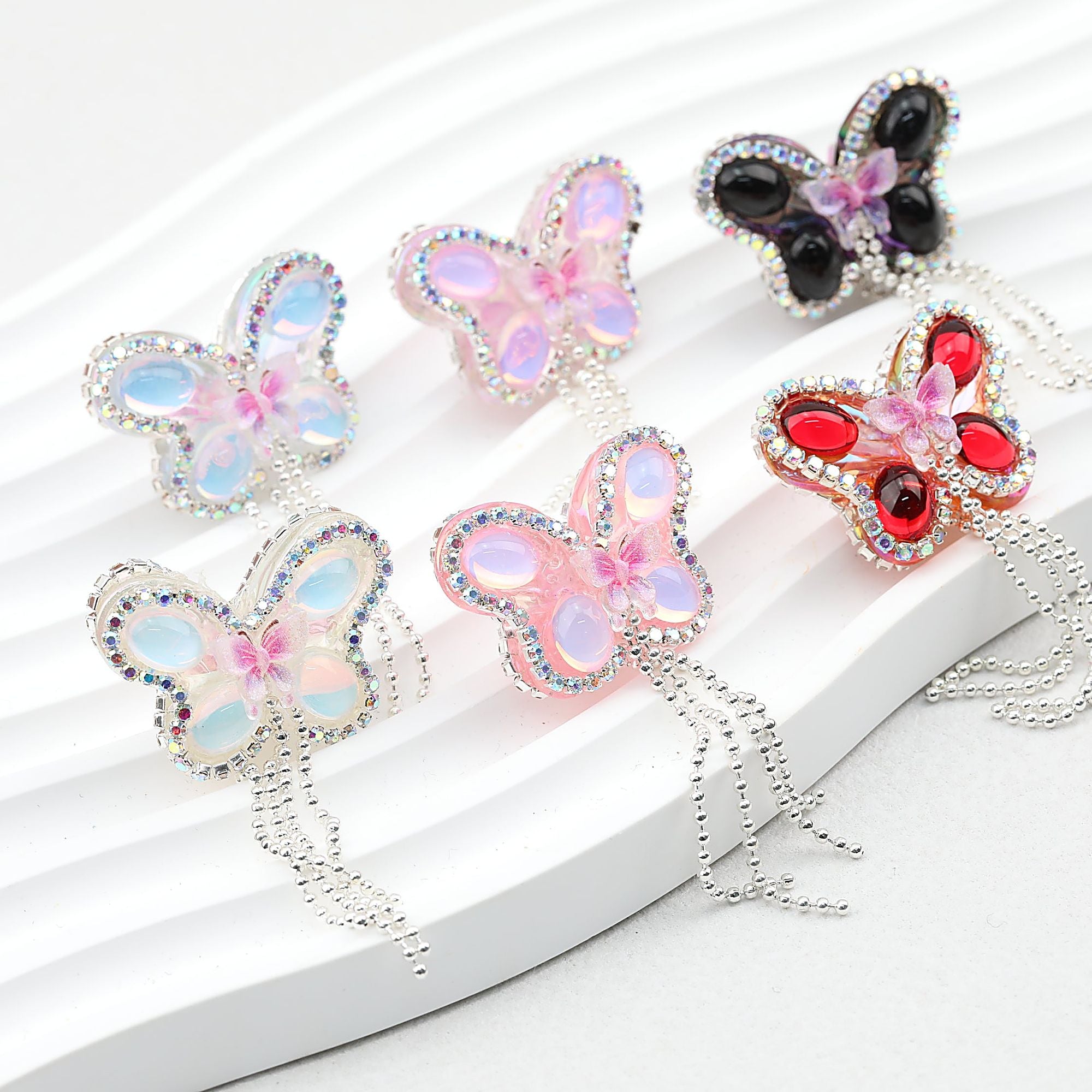 Butterfly Tassel Rhinestone Acrylic Beads 28mm 5pcs