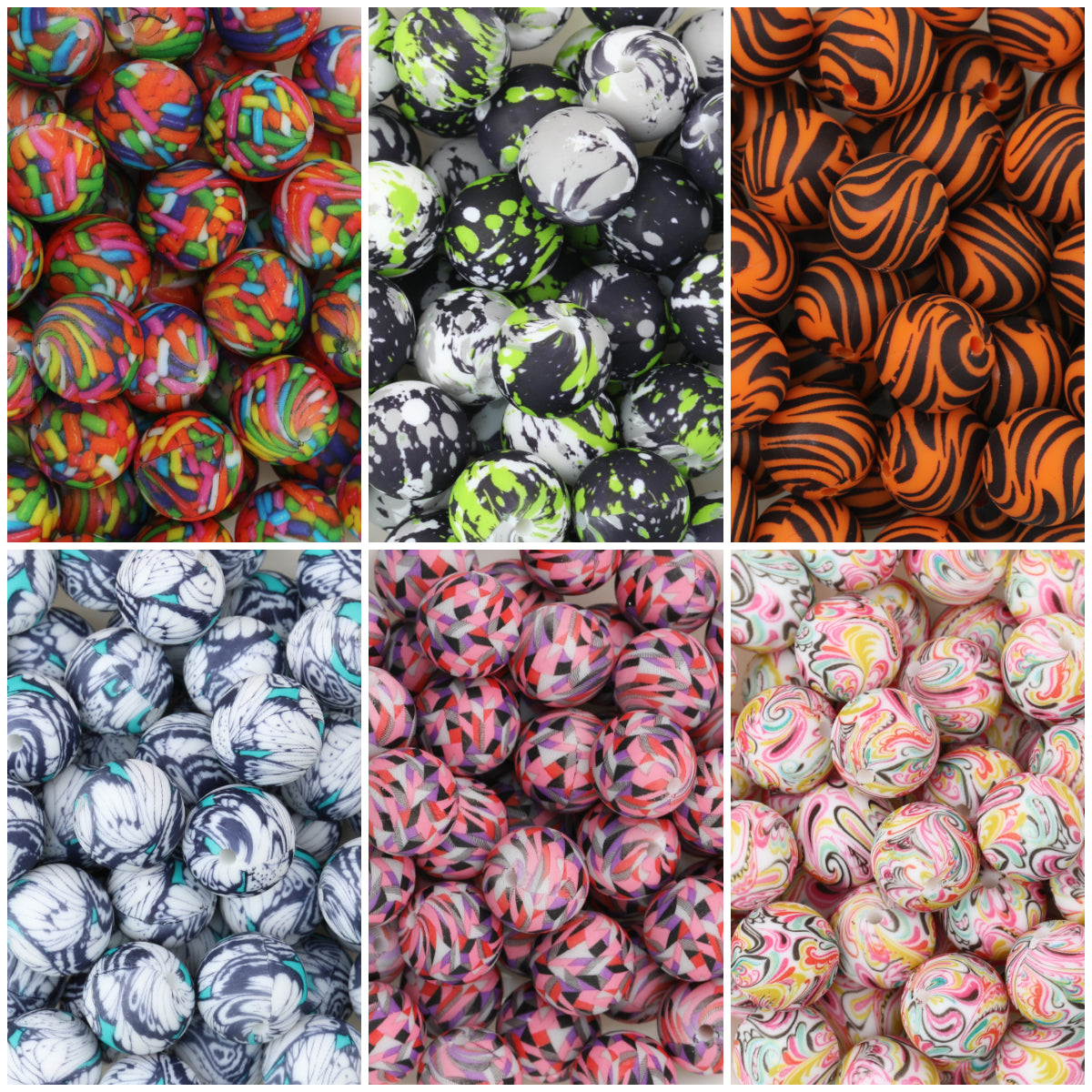 15mm Patterned Printed Silicone Round Beads Bright Colors 50pcs