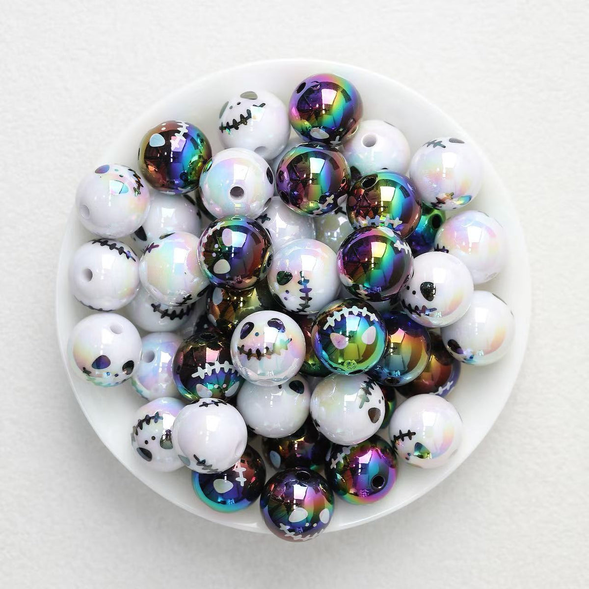 Round Acrylic Beads Wholesale, 16mm Iridescent Electroplated Skull-Face Halloween Design
