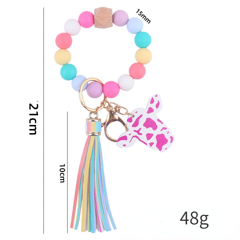 Western Cow Silicone Bead Wristlet Keychain with Faux Leather Tassel 5