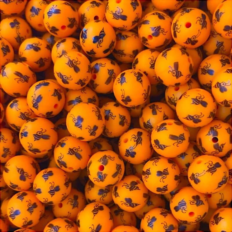 15mm Silicone Beads Bees Print Orange Yellow White 50pcs