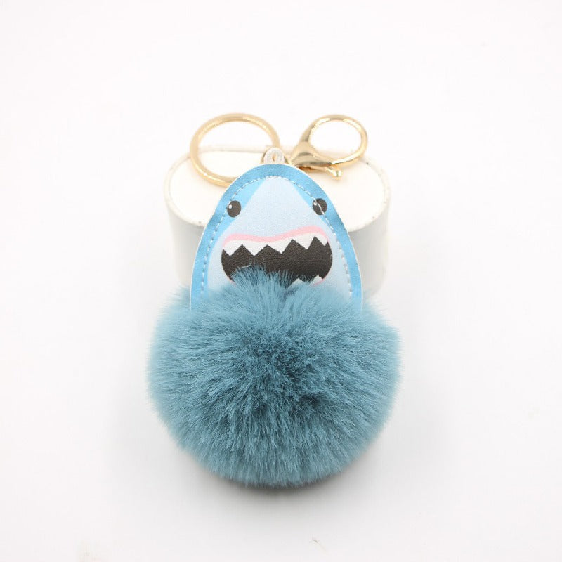 Plush Shark Keychain Blue Leather Face Fluffy Pom Pom Belly