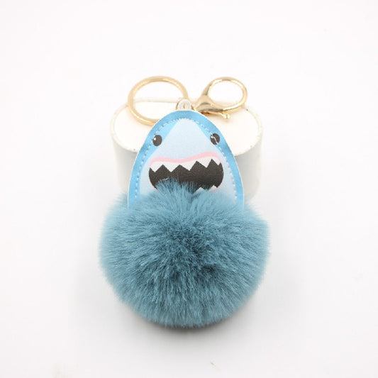 Plush Shark Keychain Blue Leather Face Fluffy Pom Pom Belly