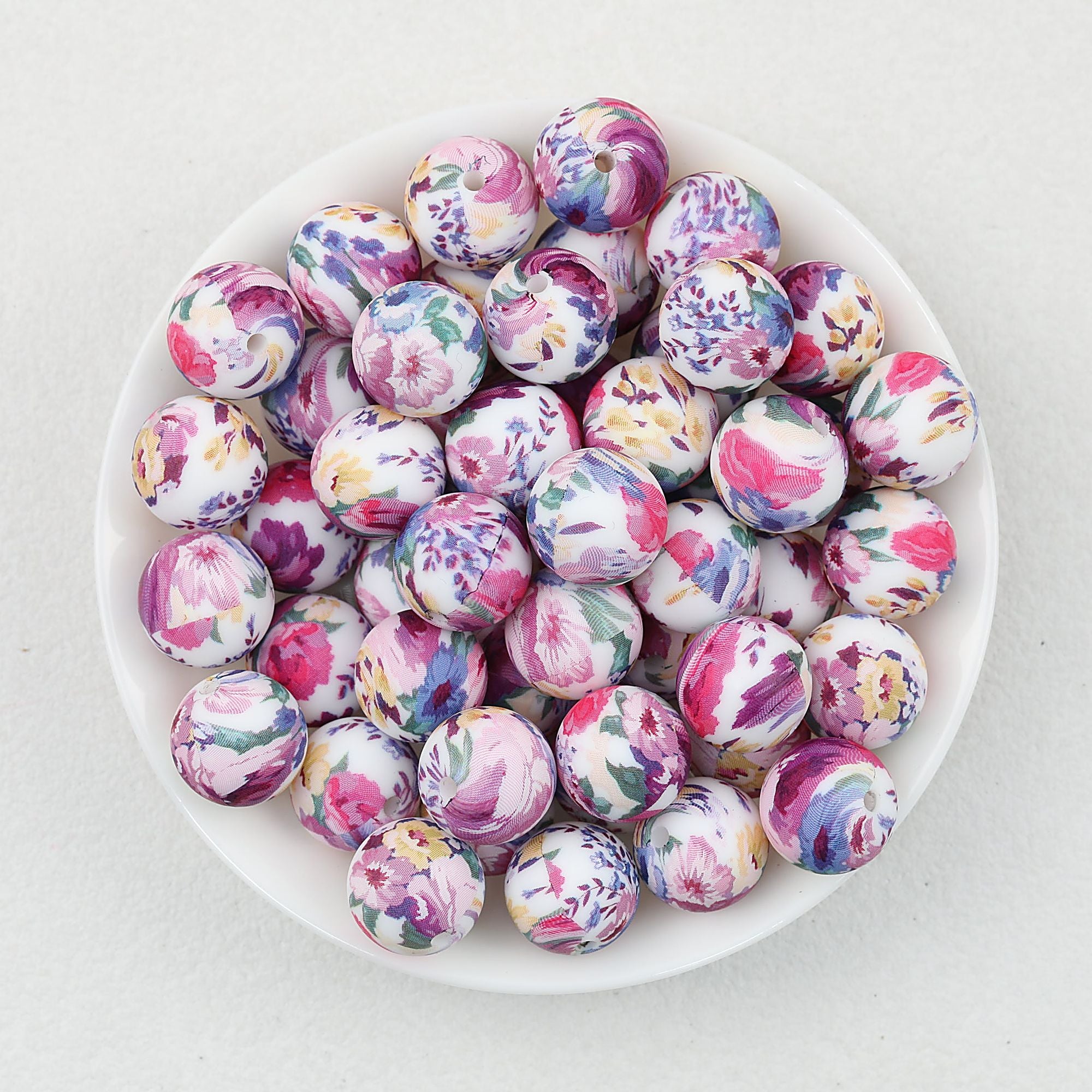 15mm Floral Printed Silicone Round Beads Soft Pastel Color 50pcs - Purple Cluster