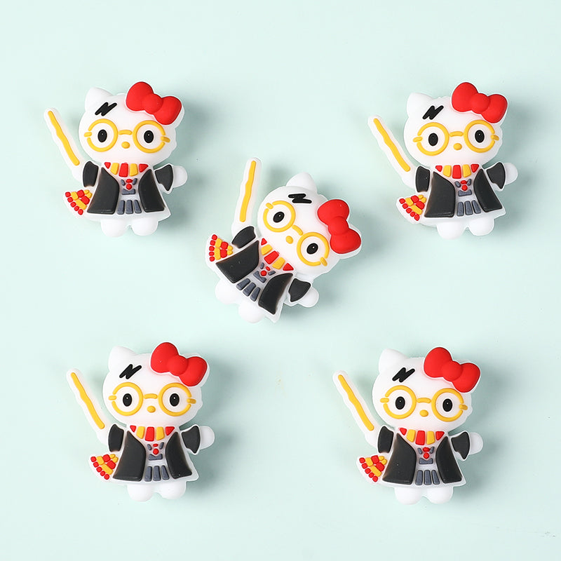 Silicone 3D Focal Beads Harry Potter KT Cat Wearing Red Bow 20pcs 6