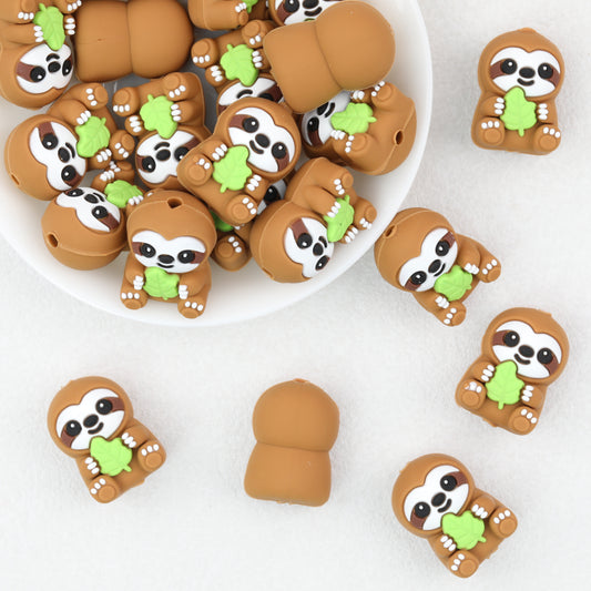 3D Sloth Silicone Focal Beads with Green Leaf 20pcs