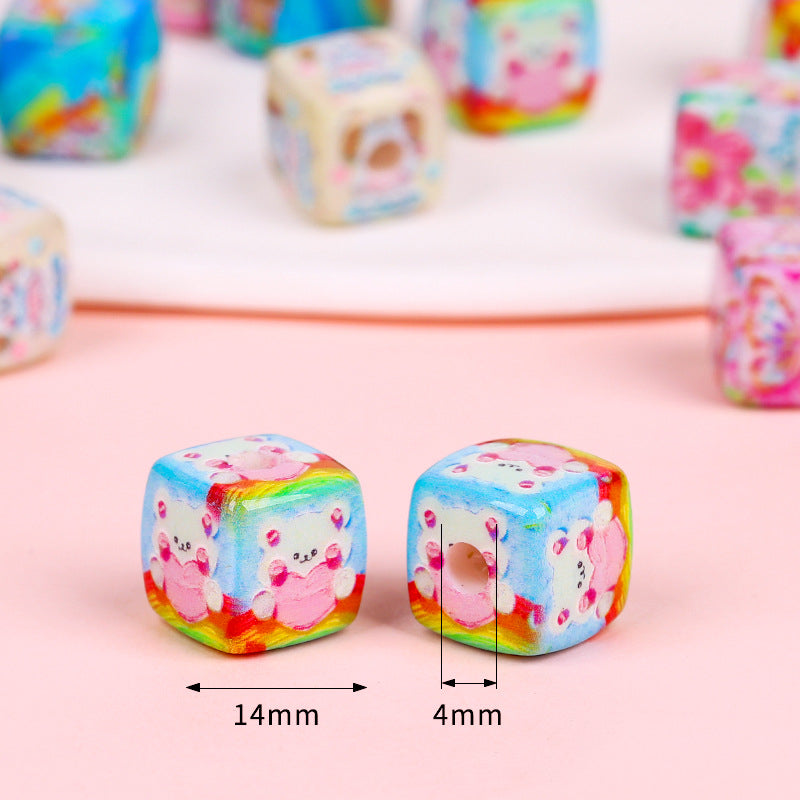 Rainbow Bear Acrylic Square Beads 14mm Oil Painting Print 10pcs 3
