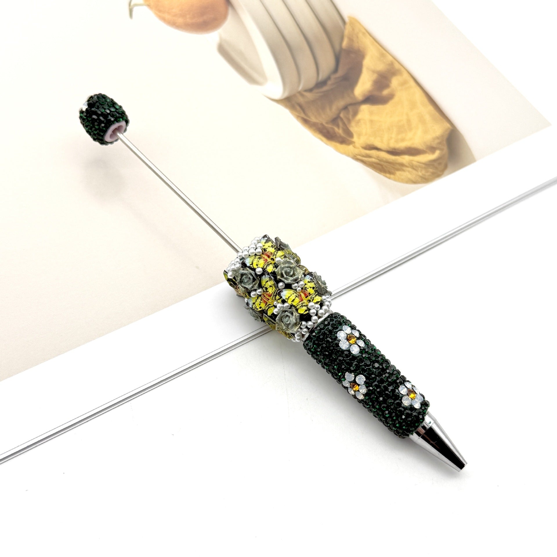 Beadable Pen with Butterfly and Rose Pearls Decorative Handle  17