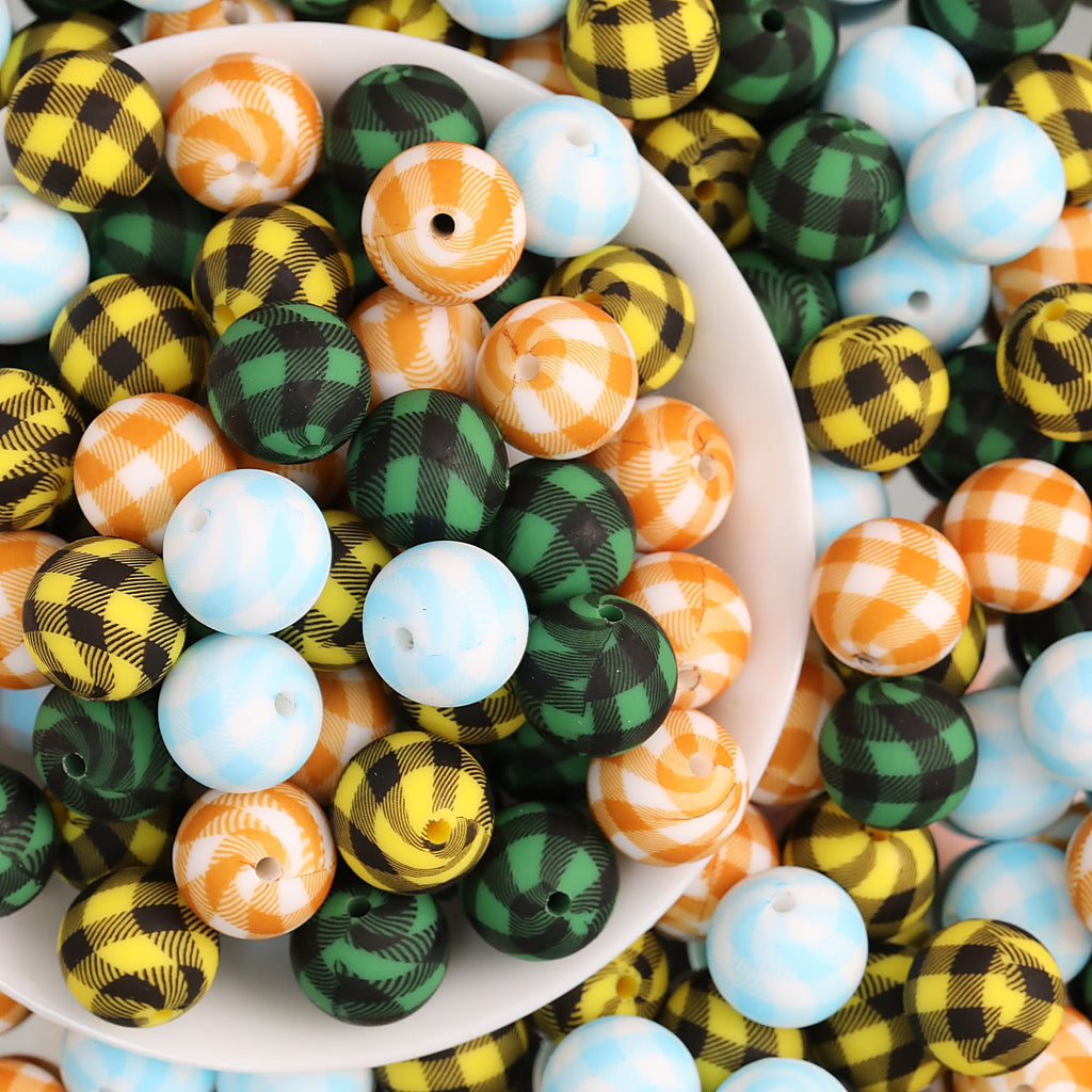 15mm Checkered Pattern Priented Round Silicone Beads Multi Color 50pcs