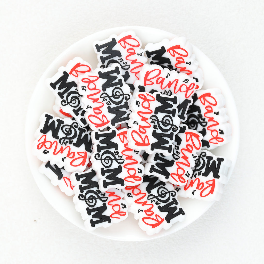 MOM Music Note Silicone Focal Beads Wholesale, Red Black White Lettering Design