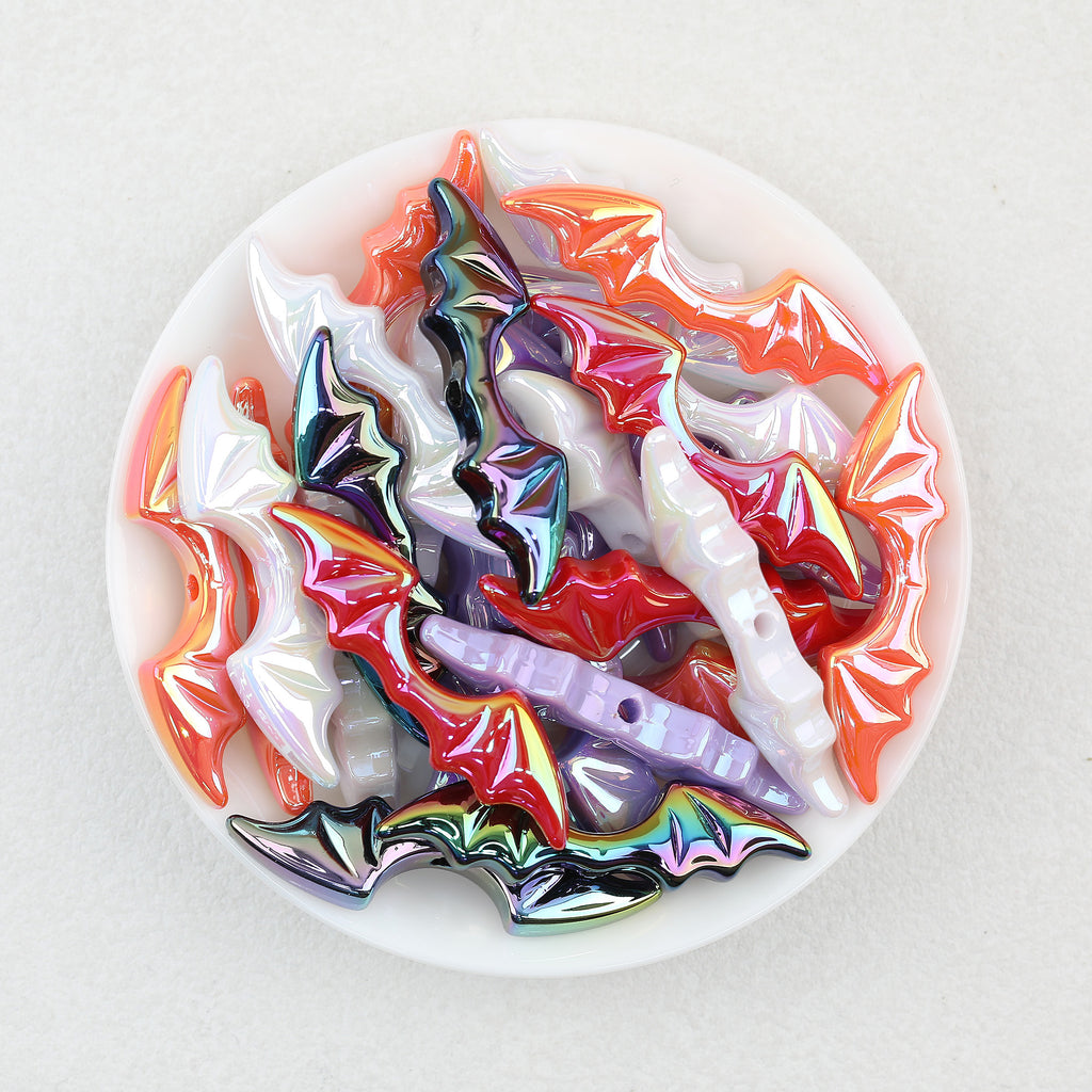 Bat Wing Acrylic Beads Wholesale, Iridescent Halloween Electroplated, 51mm