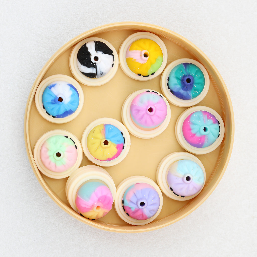 Dumpling Steamer 3D Silicone Focal Beads Wholesale, Tie Dye Smiling Glitter Accents Pastel Rainbow, 22mm*23mm