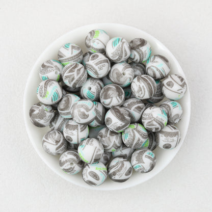 15mm Black and White Patterned Print Round Silicone Beads 50pcs 3