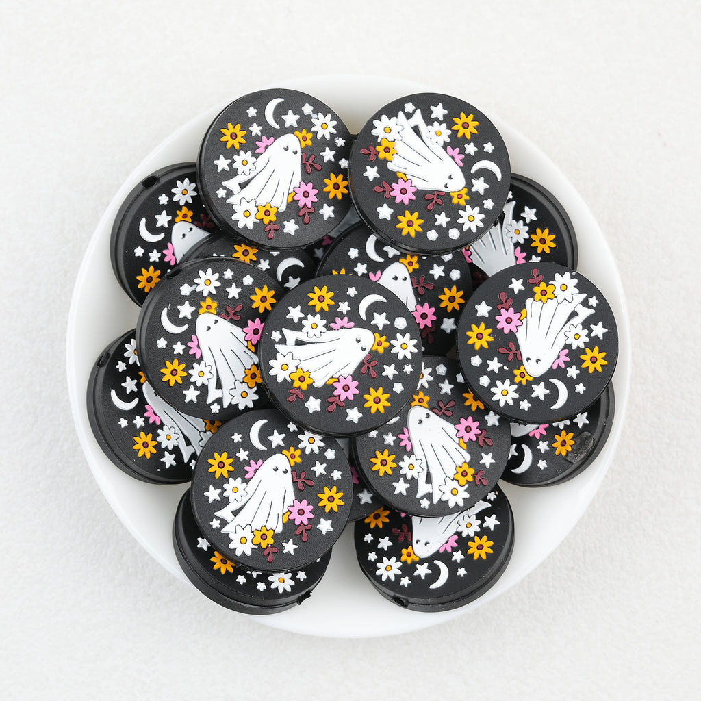 Ghost Floral Silicone Focal Beads Wholesale, Halloween Black Star Moon Pattern