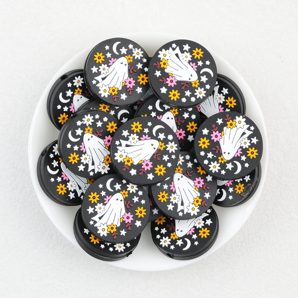 Ghost Floral Silicone Focal Beads Wholesale, Halloween Black Star Moon Pattern