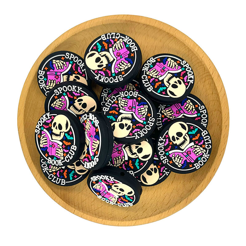 Silicone Focal Beads Spooky Halloween Skull Holding Pink Book Circle Badge 2