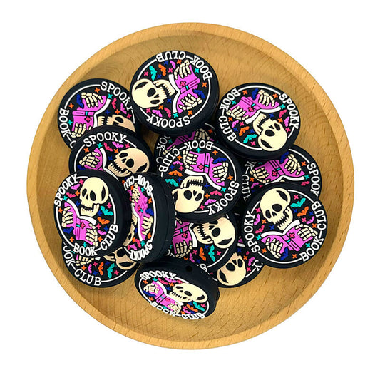 Silicone Focal Beads Spooky Halloween Skull Holding Pink Book Circle Badge 2