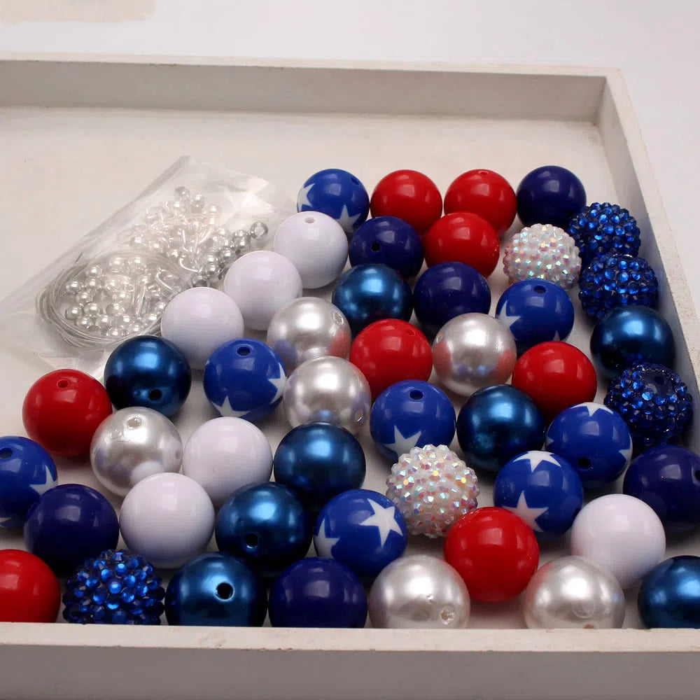 Bubblegum Beads 20mm Red White Blue Star Rhinestone Chunky Mix 50pcs 2