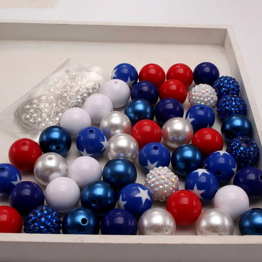 Bubblegum Beads 20mm Red White Blue Star Rhinestone Chunky Mix 50pcs 2