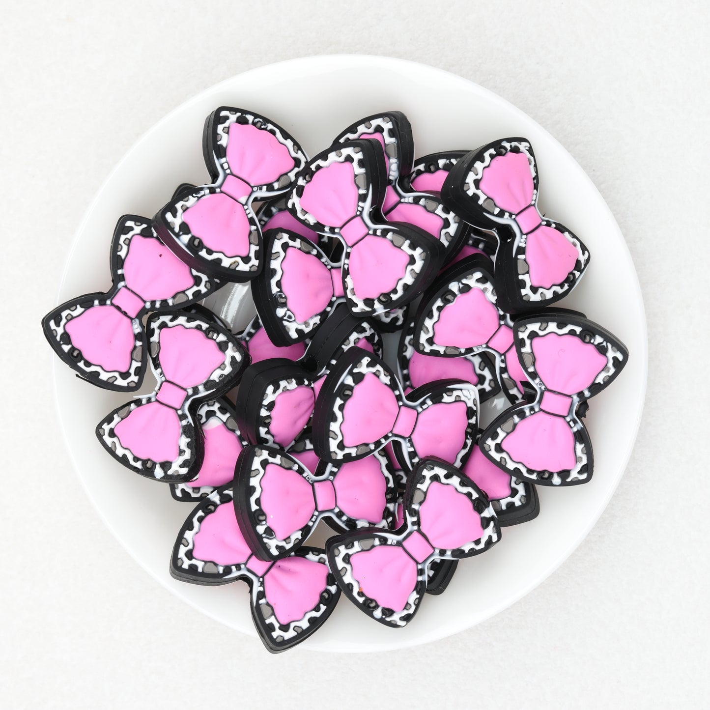 Cow Print Bow Silicone Focal Beads Pink Light Pink Green 20pcs 2