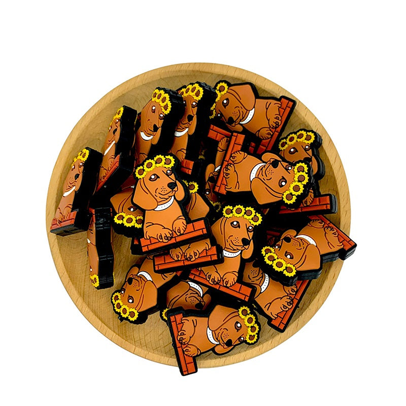 Silicone Focal Beads Dog Wearing Sunflower Crown Holding Brick Ledge 20pcs 2