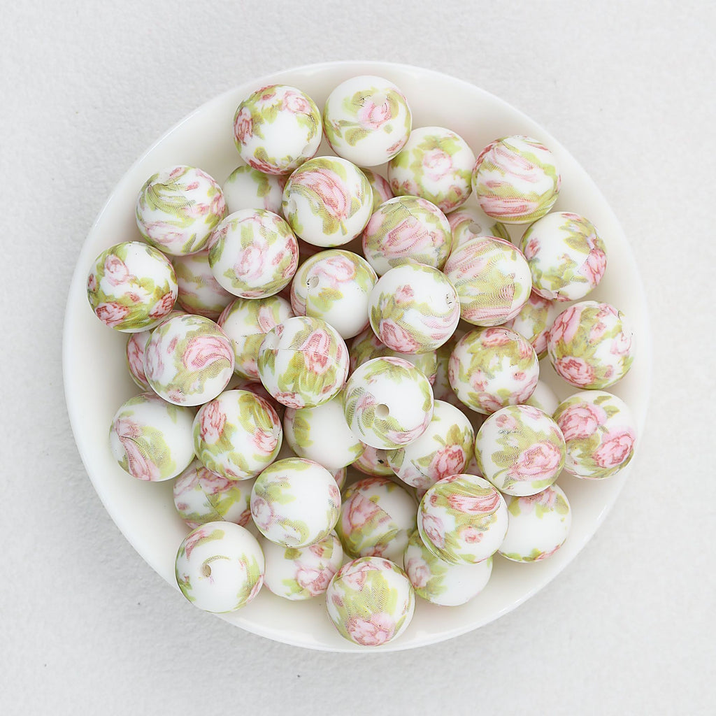 Floral Pattern 15mm Silicone Beads Light Color Printed Design 50pcs - Impatiens