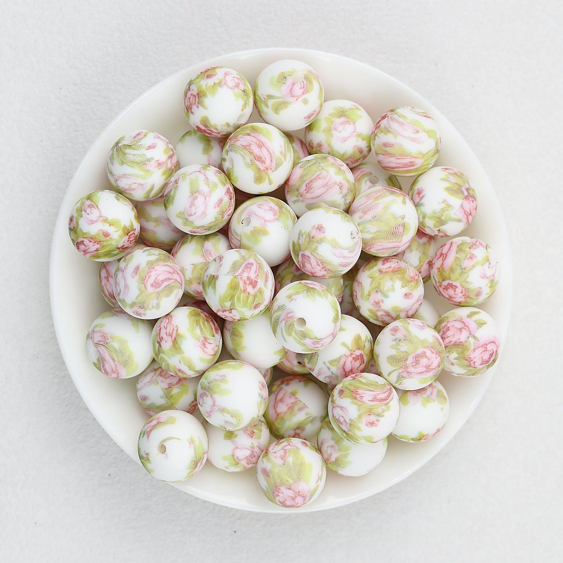 Floral Pattern 15mm Silicone Beads Light Color Printed Design 50pcs - Impatiens