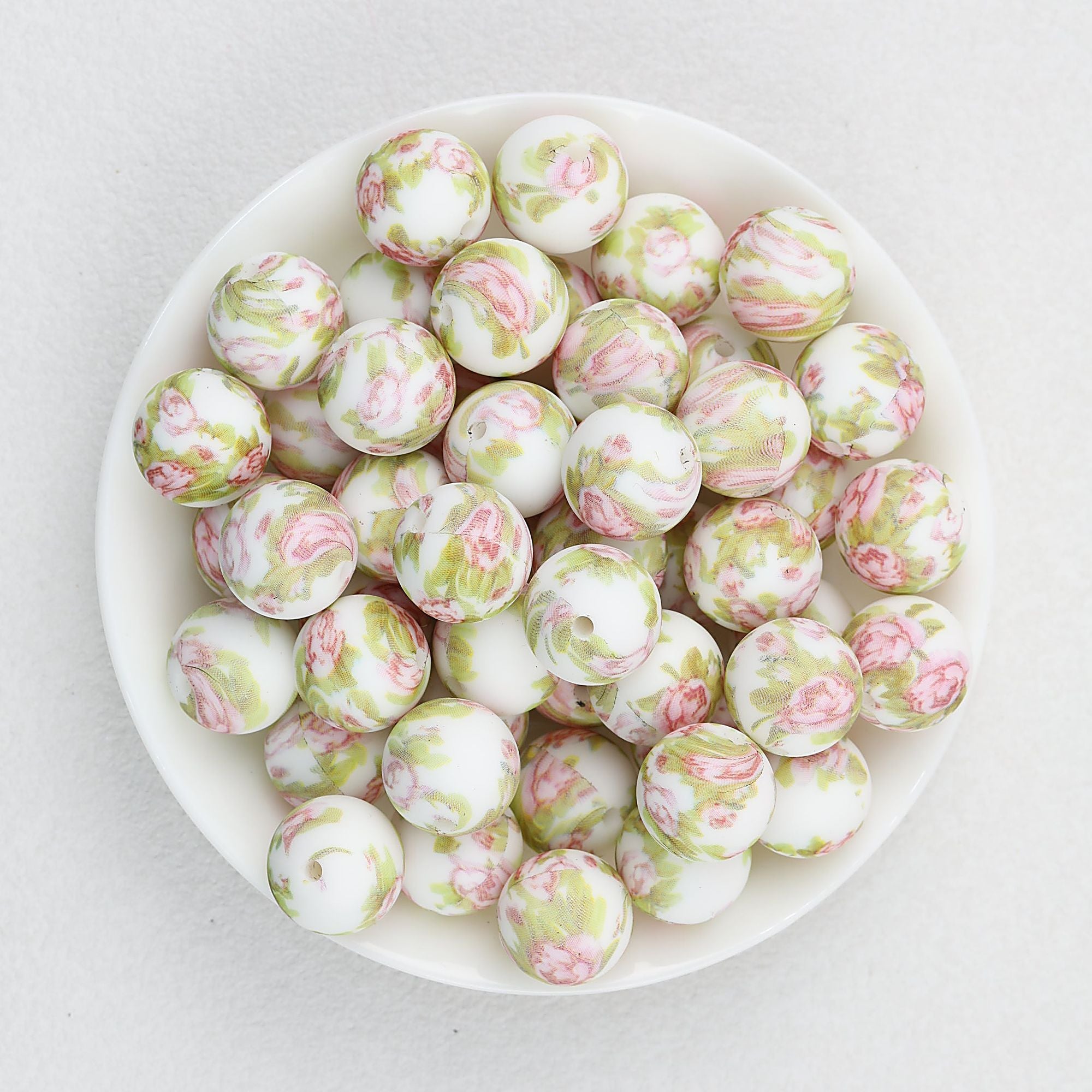 Floral Pattern 15mm Silicone Beads Light Color Printed Design 50pcs - Impatiens