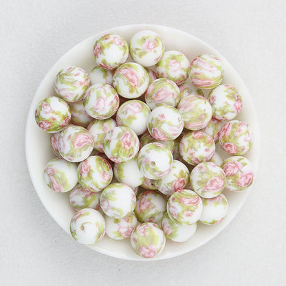 Floral Pattern 15mm Silicone Beads Light Color Printed Design 50pcs - Impatiens