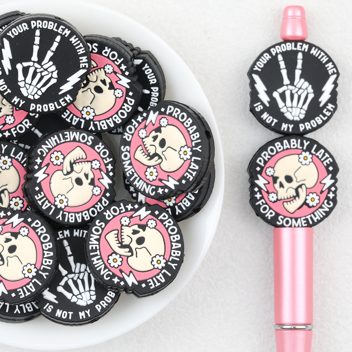 Pink Skull Hand Silicone Focal Beads Wholesale, Halloween Skeleton Finger Flat Design