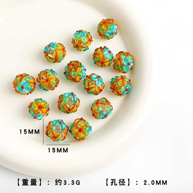 Colorful Flower Pattern Round Glass Beads 15mm 10pcs 10
