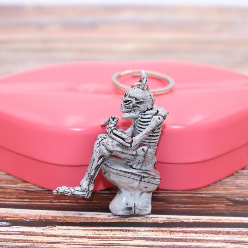 Rubber Halloween Skull Keychain Creative Skeleton on Throne Grey 5