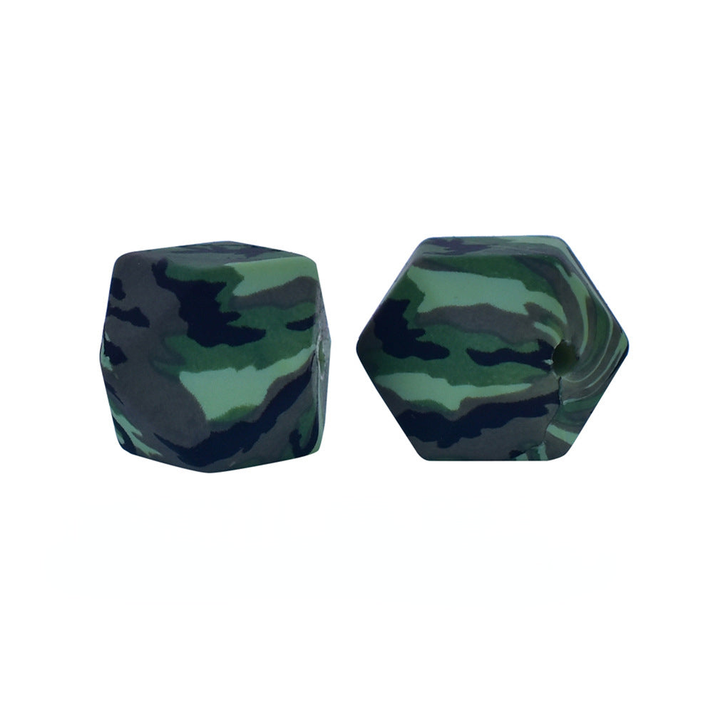 14mm Hexagon Silicone Beads Printed Camouflage Leopard Design 50pcs