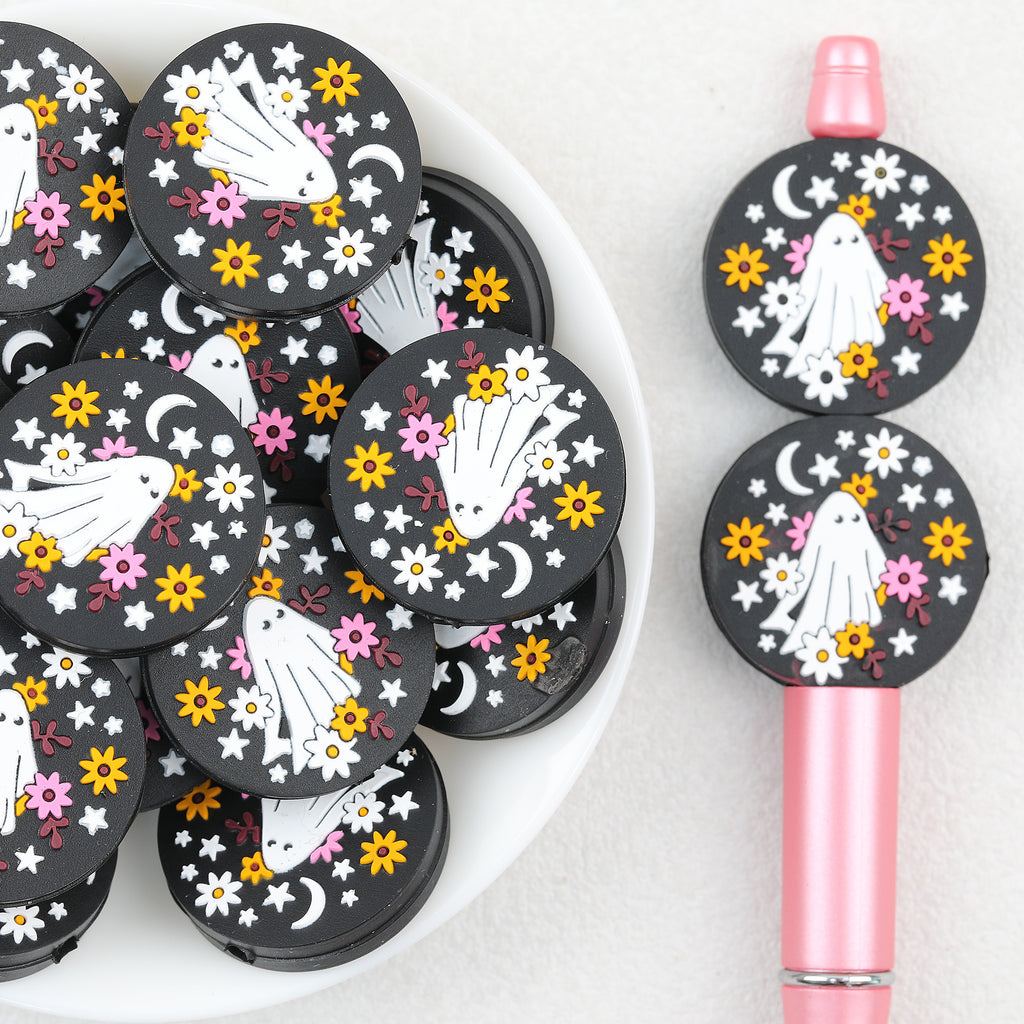 Ghost Floral Silicone Focal Beads Wholesale, Halloween Black Star Moon Pattern