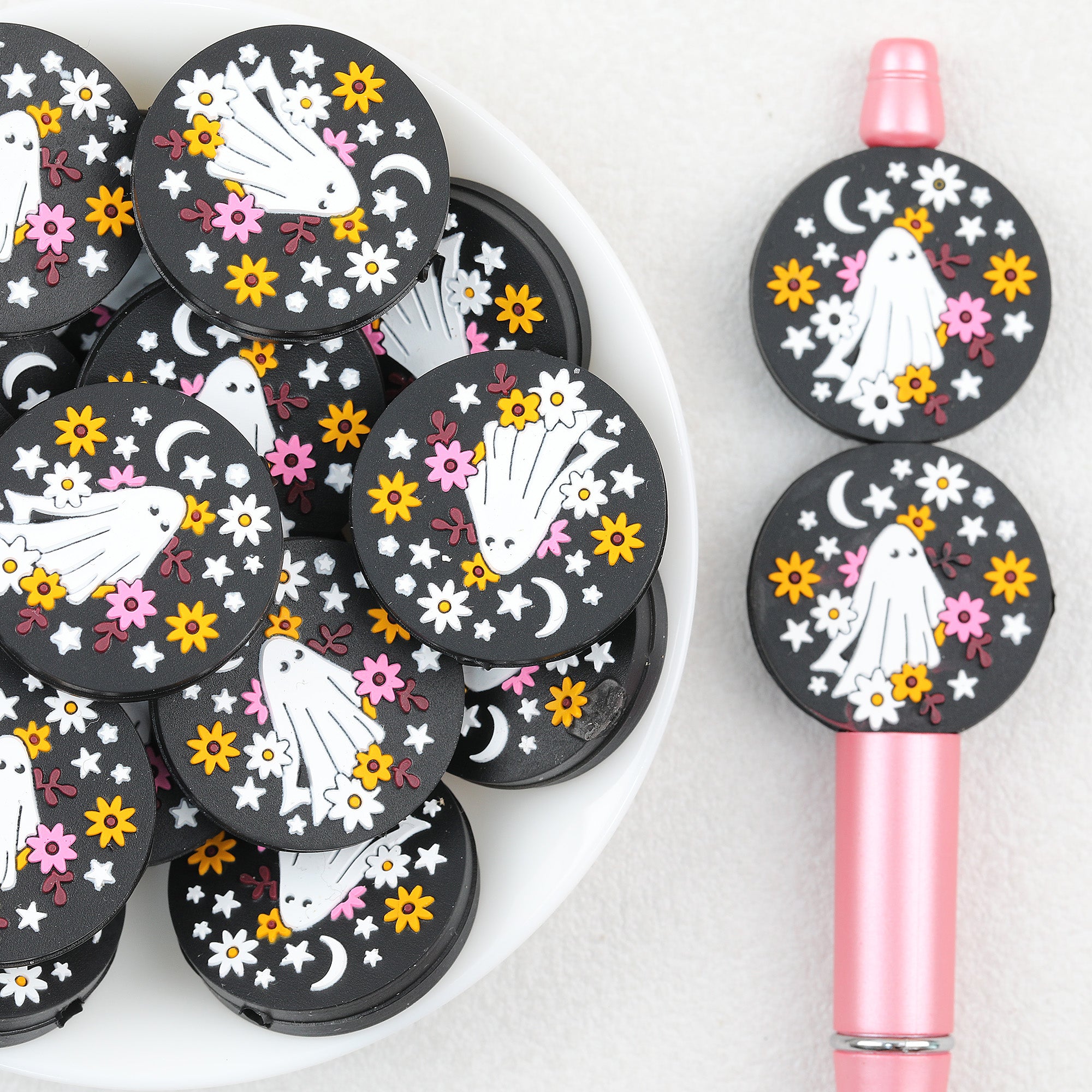 Ghost Floral Silicone Focal Beads Wholesale, Halloween Black Star Moon Pattern