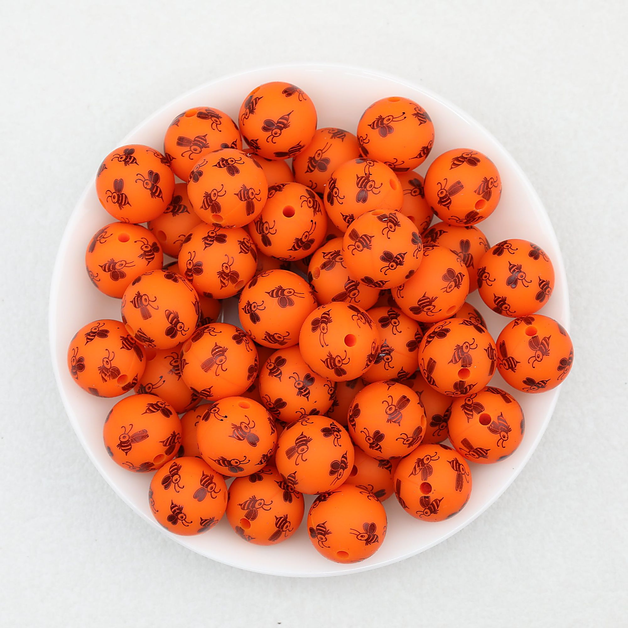15mm Bee Pattern Printed Round Silicone Beads 50pcs - Orange