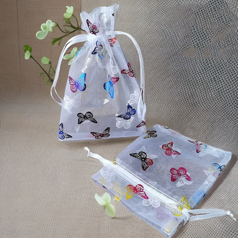 Organza Drawstring Bags Metallic Butterfly Puppy Paw Pattern 10pcs 3