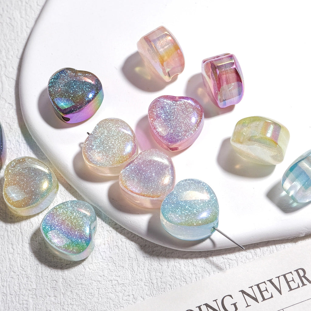 Glitter Starry Sky Heart Resin Beads 16mm Pastel Rainbow Shimmer 20pcs