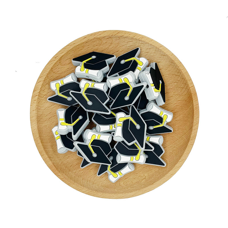 Silicone Focal Beads Graduation Cap Black Mortarboard Yellow Tassel 20pcs 2