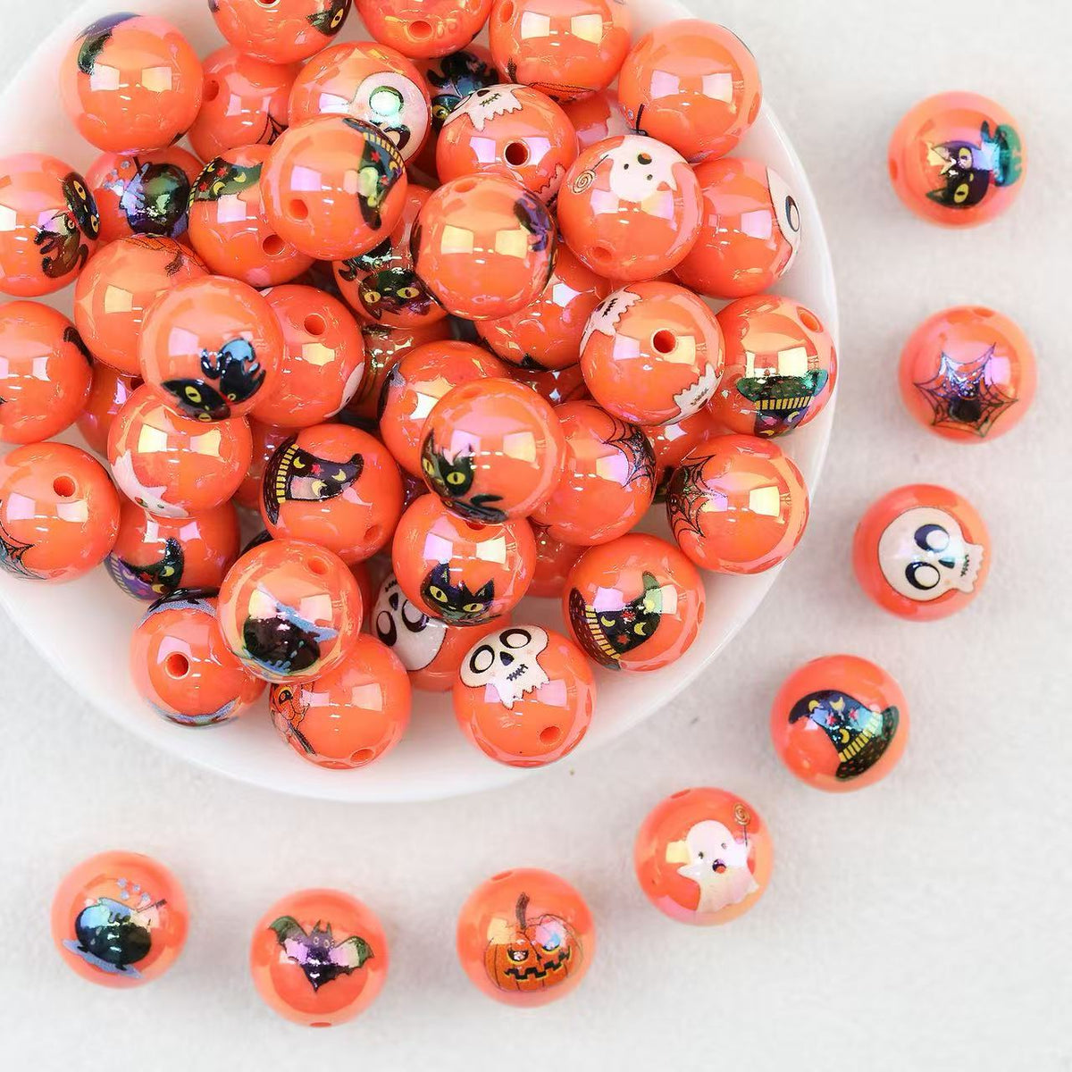 Halloween Themed Acrylic Beads Wholesale, Orange Round Printed Designs, 16mm