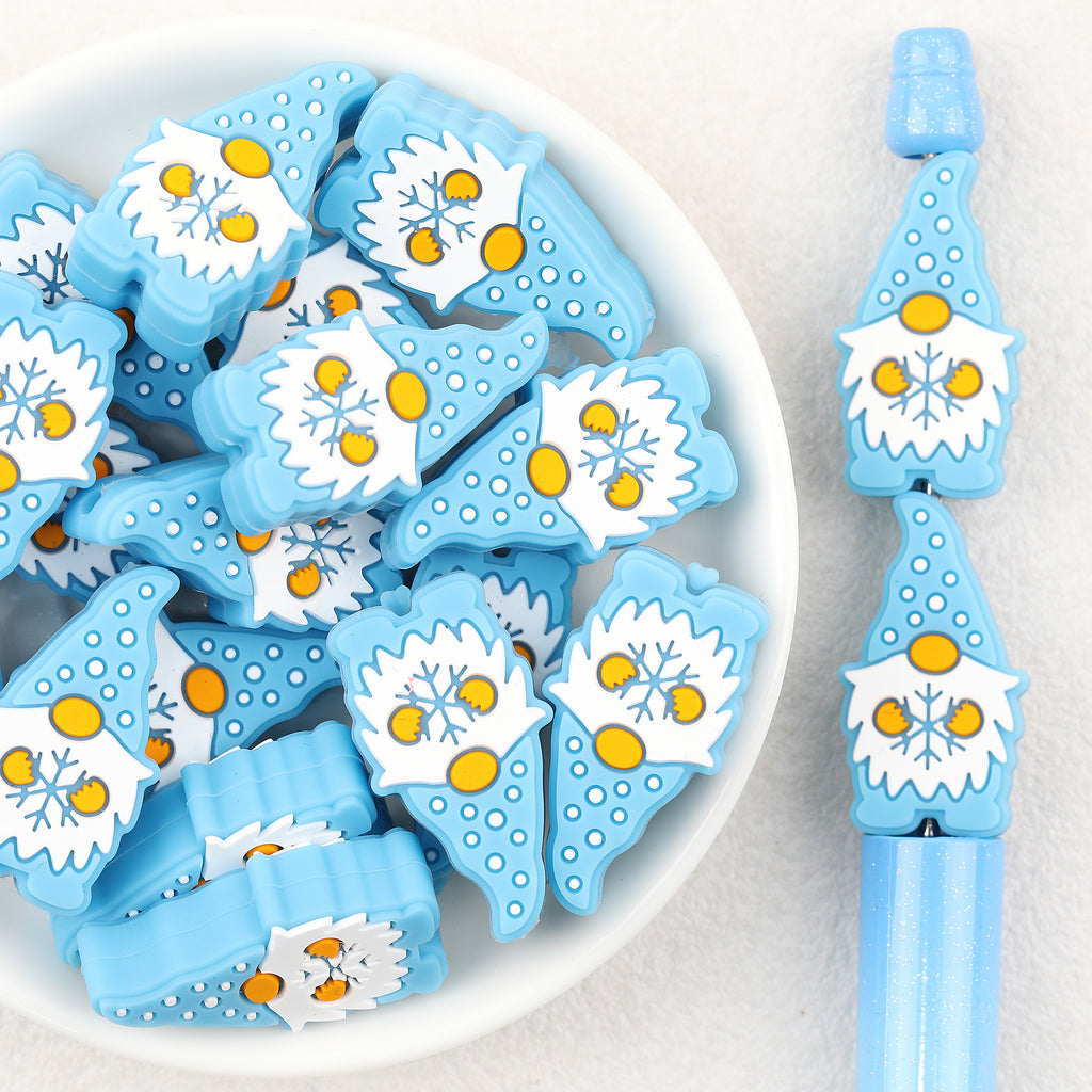 Snowflake Gnome Silicone Focal Beads Wholesale, Winter Blue Design With White Yellow Accents