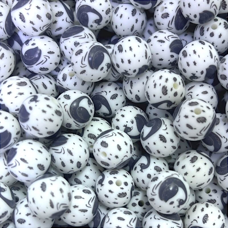 15mm Silicone Beads Black Swan Print Animal Theme 50pcs