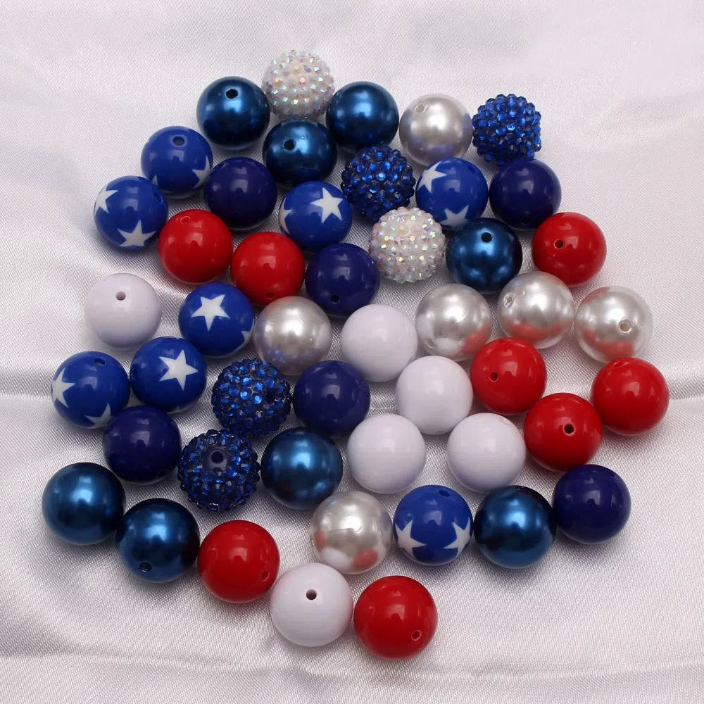 Bubblegum Beads 20mm Red White Blue Star Rhinestone Chunky Mix 50pcs