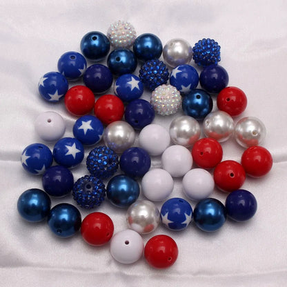 Bubblegum Beads 20mm Red White Blue Star Rhinestone Chunky Mix 50pcs