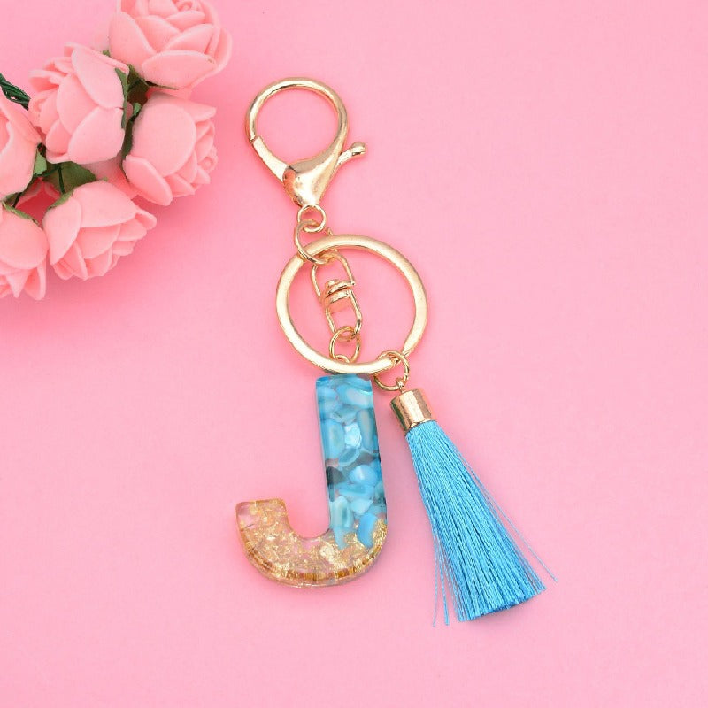 Blue Resin Tassel Monogram Keychain with Gold Flake Accent 12