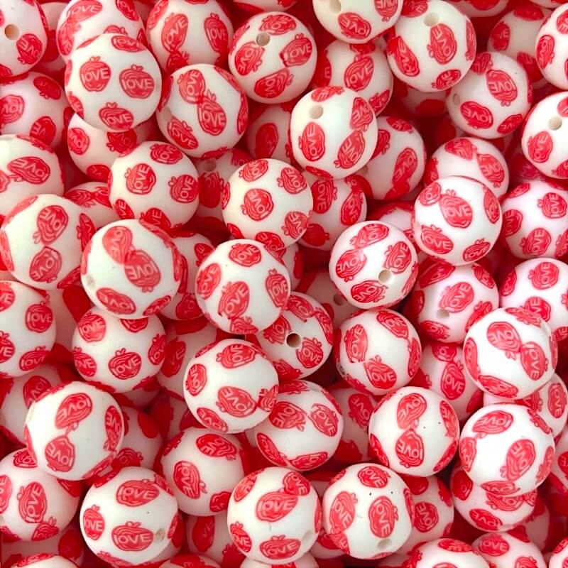 15mm Silicone Beads Red Heart Apple Print 50pcs