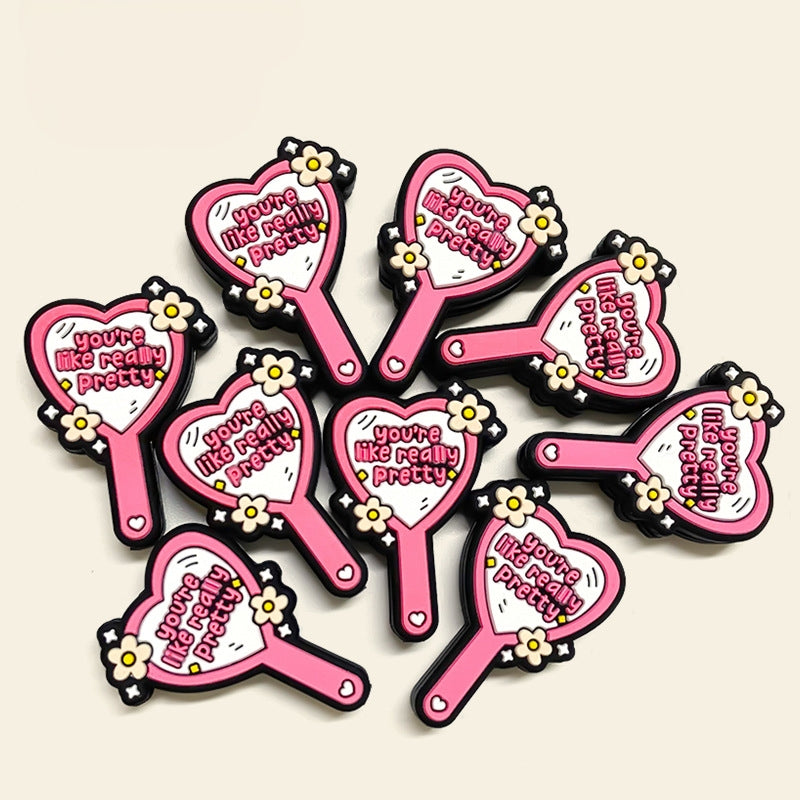 Silicone Focal Beads Double Sided Heart Mirror with Floral Accents 20pcs