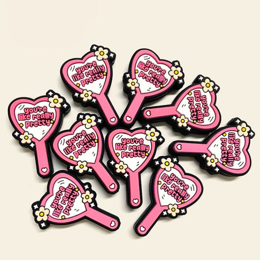 Silicone Focal Beads Double Sided Heart Mirror with Floral Accents 20pcs