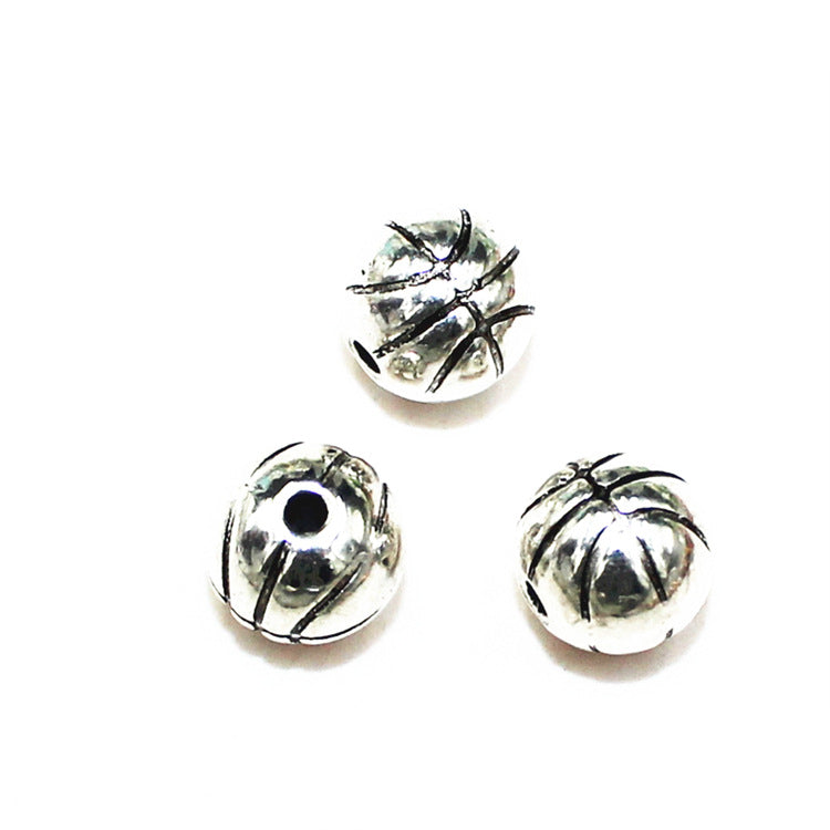 Round Metal Beads 10mm Antique Silver Basketball Design 50pcs