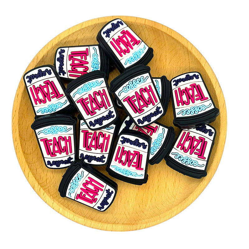 Silicone Focal Beads Coffee Teach Repeat Cup Colorful Text 20pcs 2